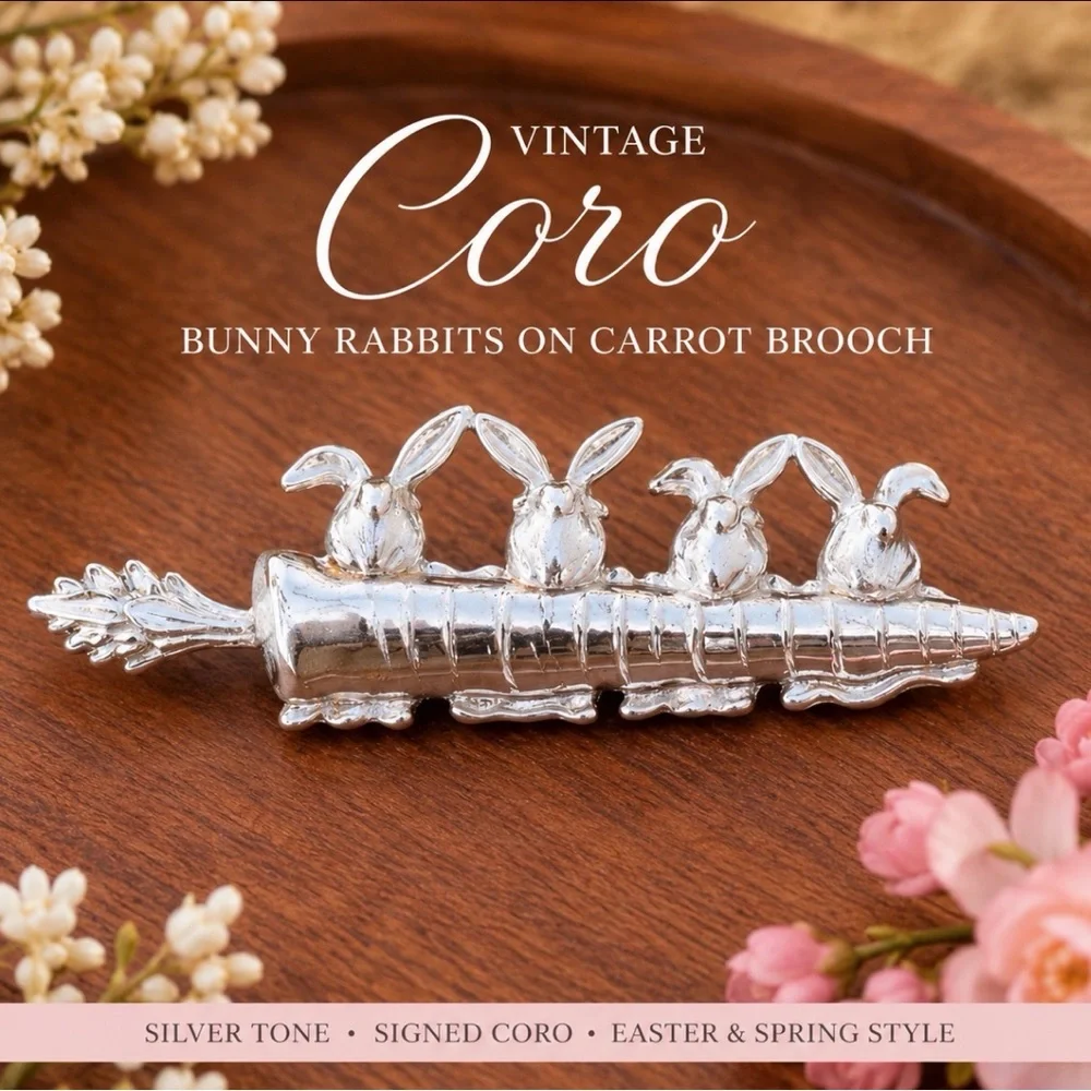 Vintage Coro Bunny Rabbits on Carrot Brooch Silver Tone Easter Pin